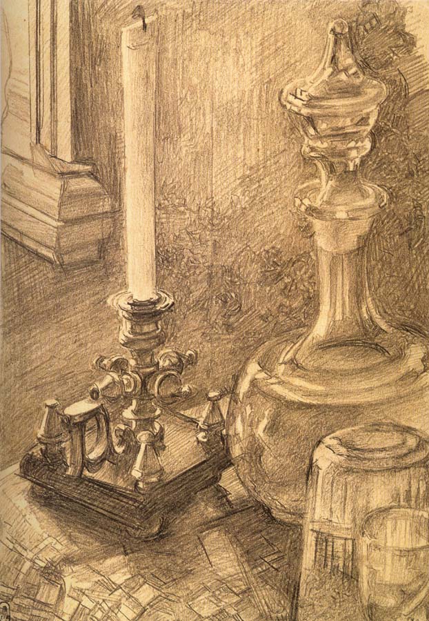Still Life with a Candlestick,a carafe,and a glass